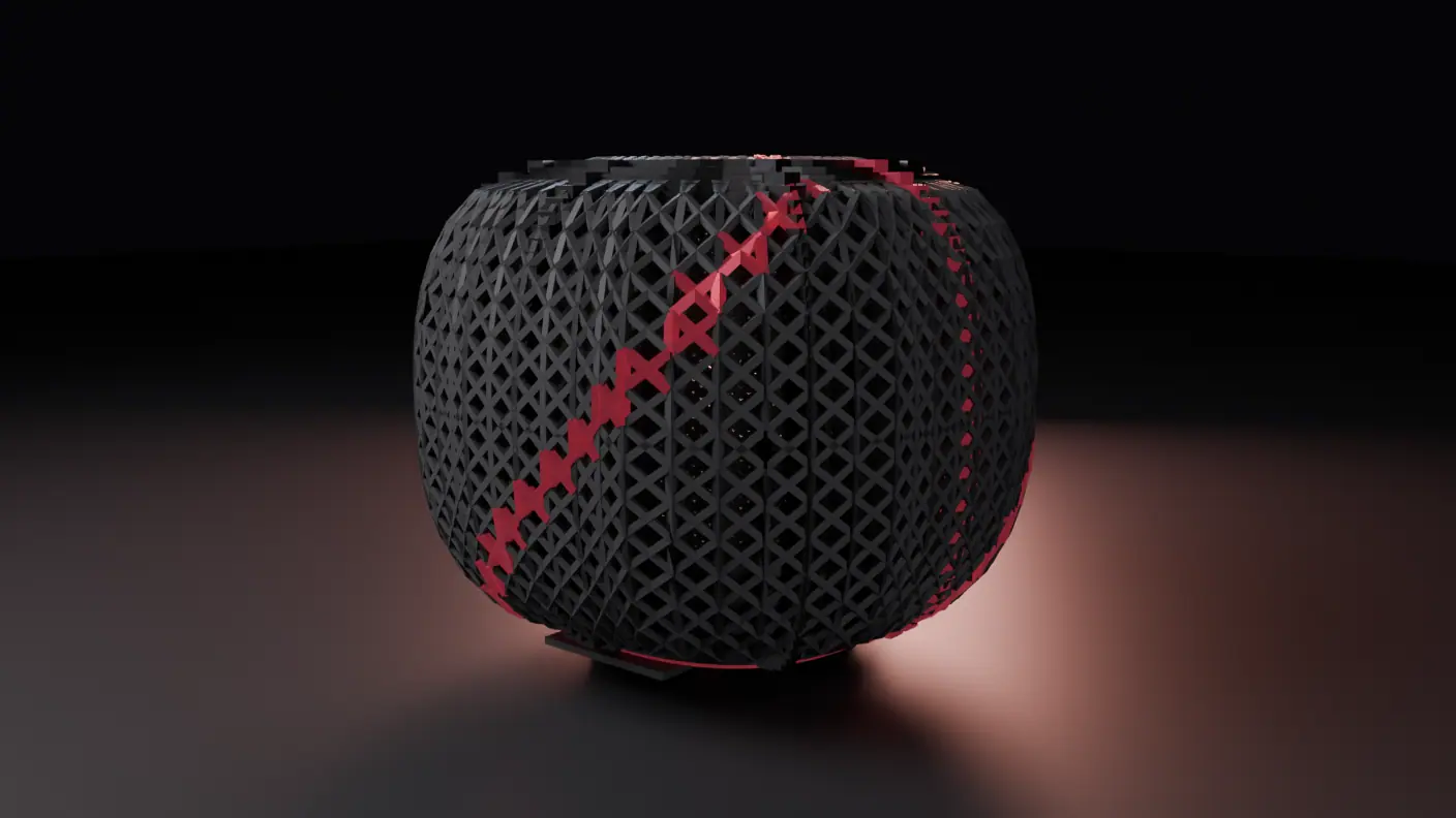 A dark machine alone on the floor of an unlit studio, a rounded pillow-shaped body whose entire surface is a woven lattice of small crossed struts in matte charcoal, with one deep-red line winding diagonally up and around it.