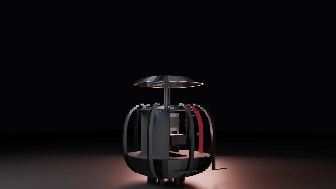 The machine part-built: a ring of tall curved ribs with one in deep red, interior panels visible between them and a round canopy raised above on a central stem.