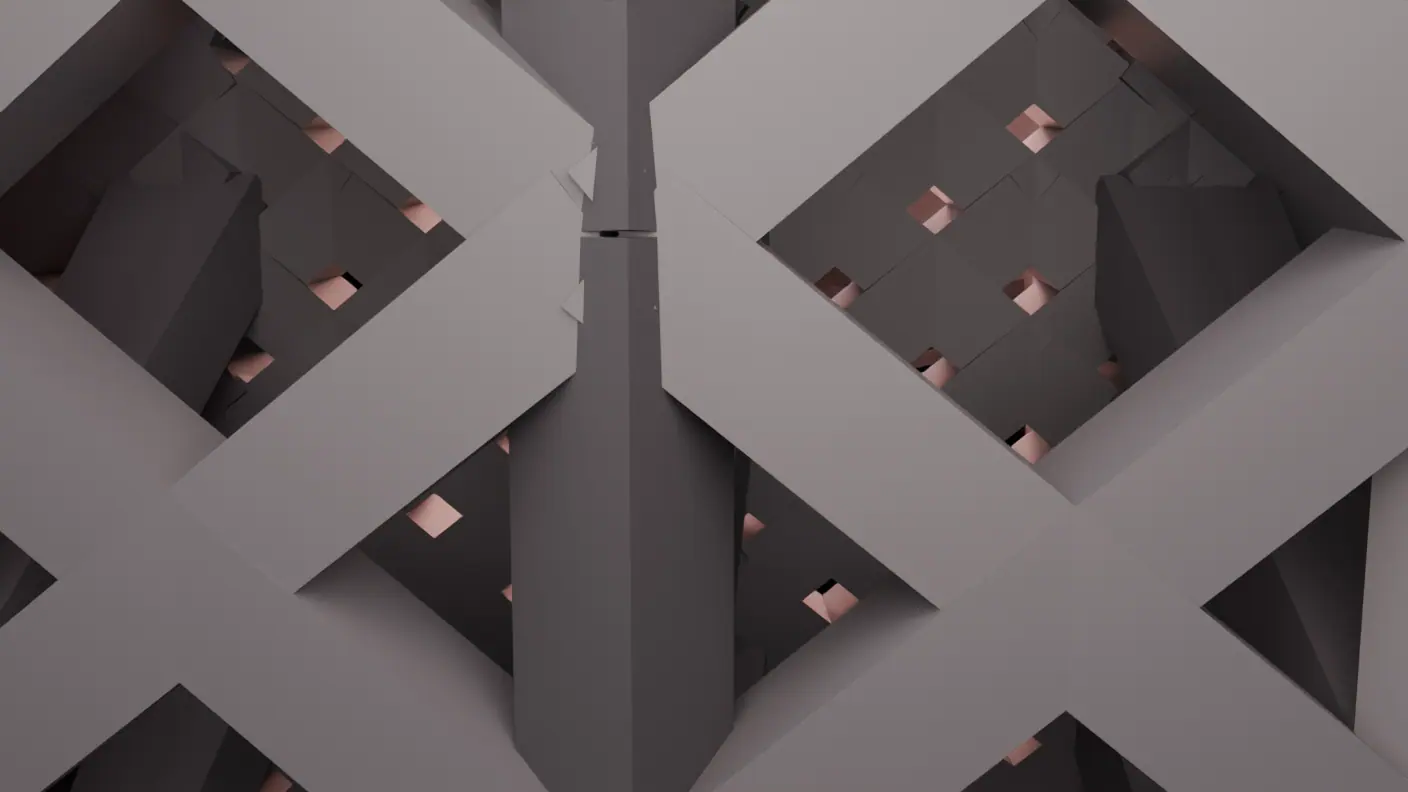 Filling the frame, two enormous X-shaped strut crossings in pale grey, lit from the front. Behind them, in shadow, a second much finer lattice, its small diamond openings glowing warm copper with light coming from inside the machine.
