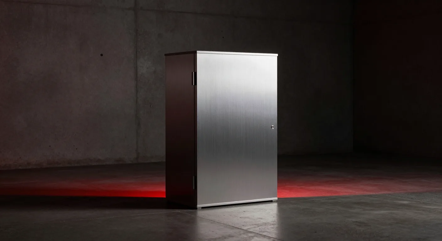 A brushed-metal cabinet standing alone on a concrete floor in a bare room, a band of red light pooling along the ground at its base.