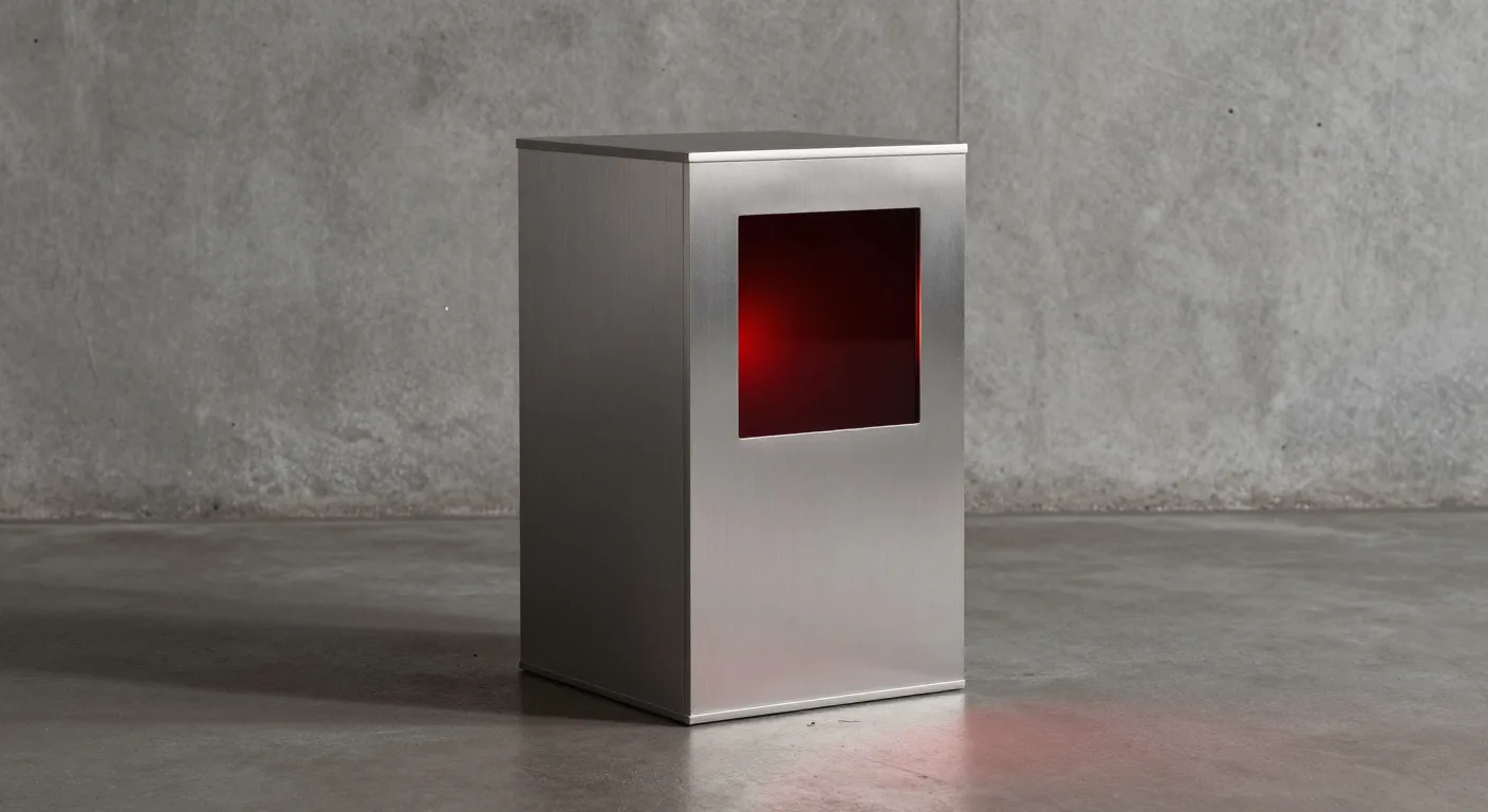 A brushed-metal tower on a concrete floor, a square red-tinted window set into its front face and a plain concrete wall behind.
