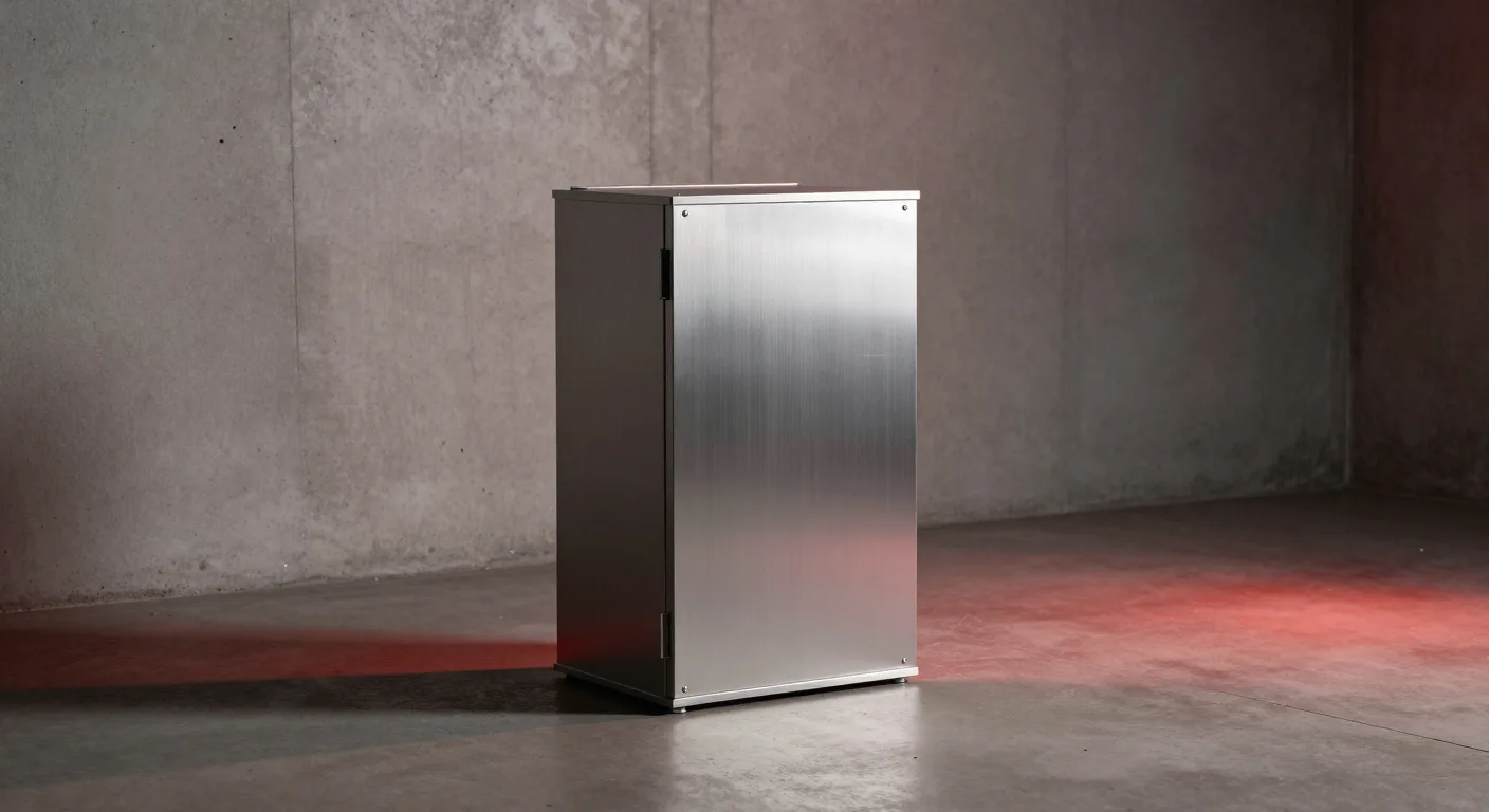 A brushed-metal cabinet on a concrete floor, lit from one side, red light spilling across the ground beside it.