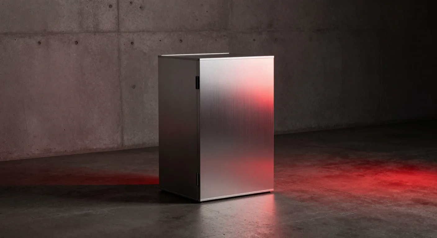 A brushed-metal cabinet in a concrete room, a wash of red light crossing its face and spreading over the floor.