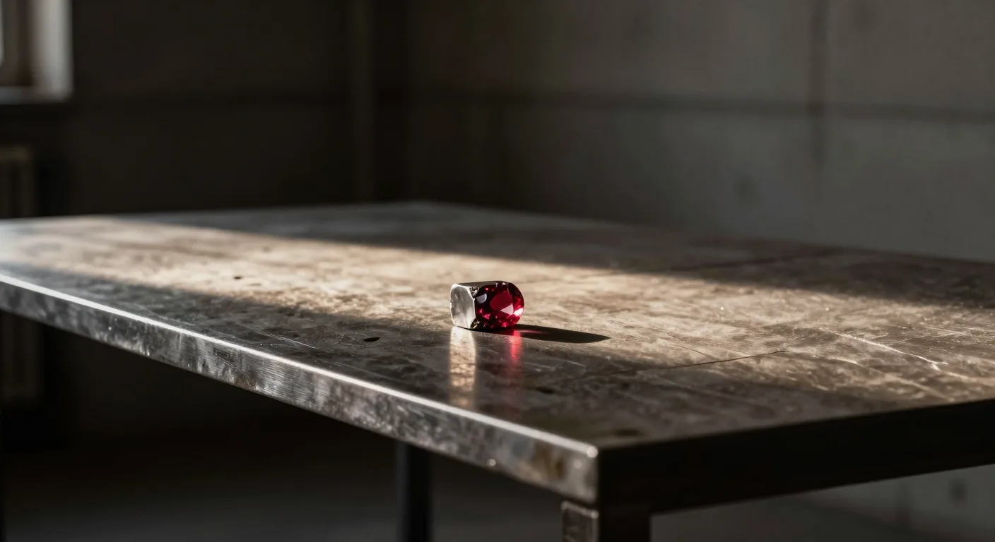A small faceted garnet, deep red, resting in a metal holder on a scratched steel workbench in a concrete room.