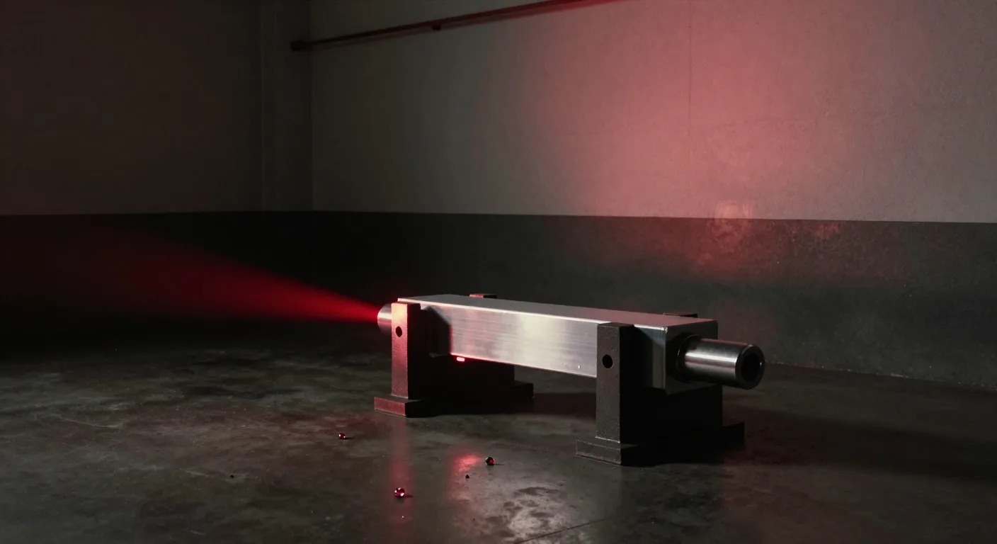 A machined metal bar held between two dark fixture blocks on a concrete floor, a fine red beam running along its length to a cylindrical fitting at one end.