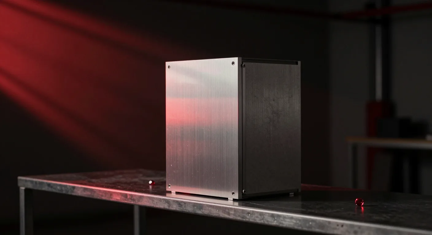 A closed brushed-metal cube on a steel workbench, red light raking across the wall behind it.