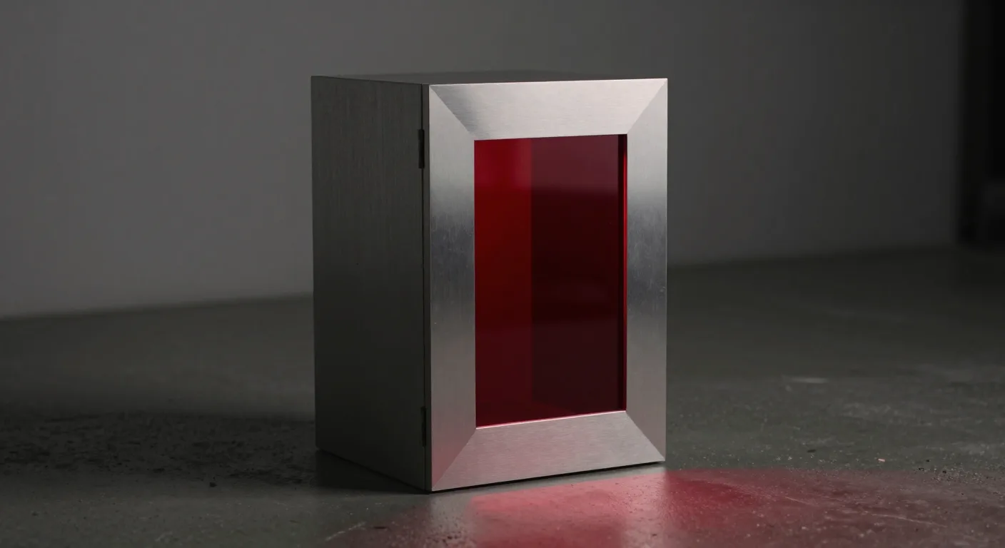 A brushed-metal box on a dark floor, a deep red translucent panel set behind a thick bevelled frame in its front face.