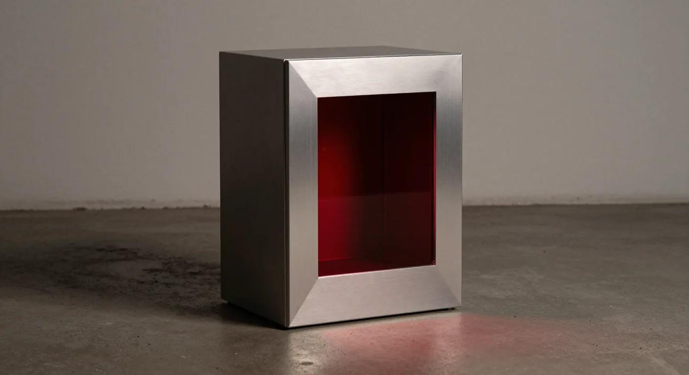 An upright brushed-metal box standing on a concrete floor, a large red-tinted window filling most of its front face.