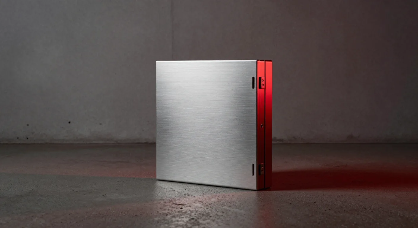 A brushed-metal panel standing upright on a concrete floor, a glowing red edge running down one side and two dark latches on its face.