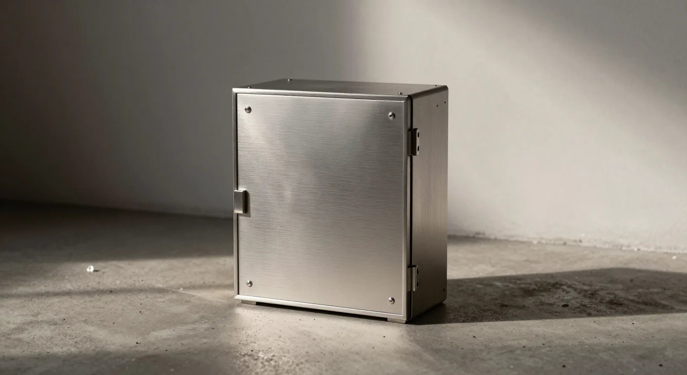 A brushed-metal cabinet with a hinged door, standing on the swept concrete floor of a plain, bare room.
