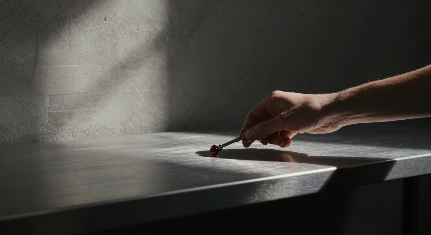 A hand reaching across a steel table to set down a small pin with a deep red garnet head.