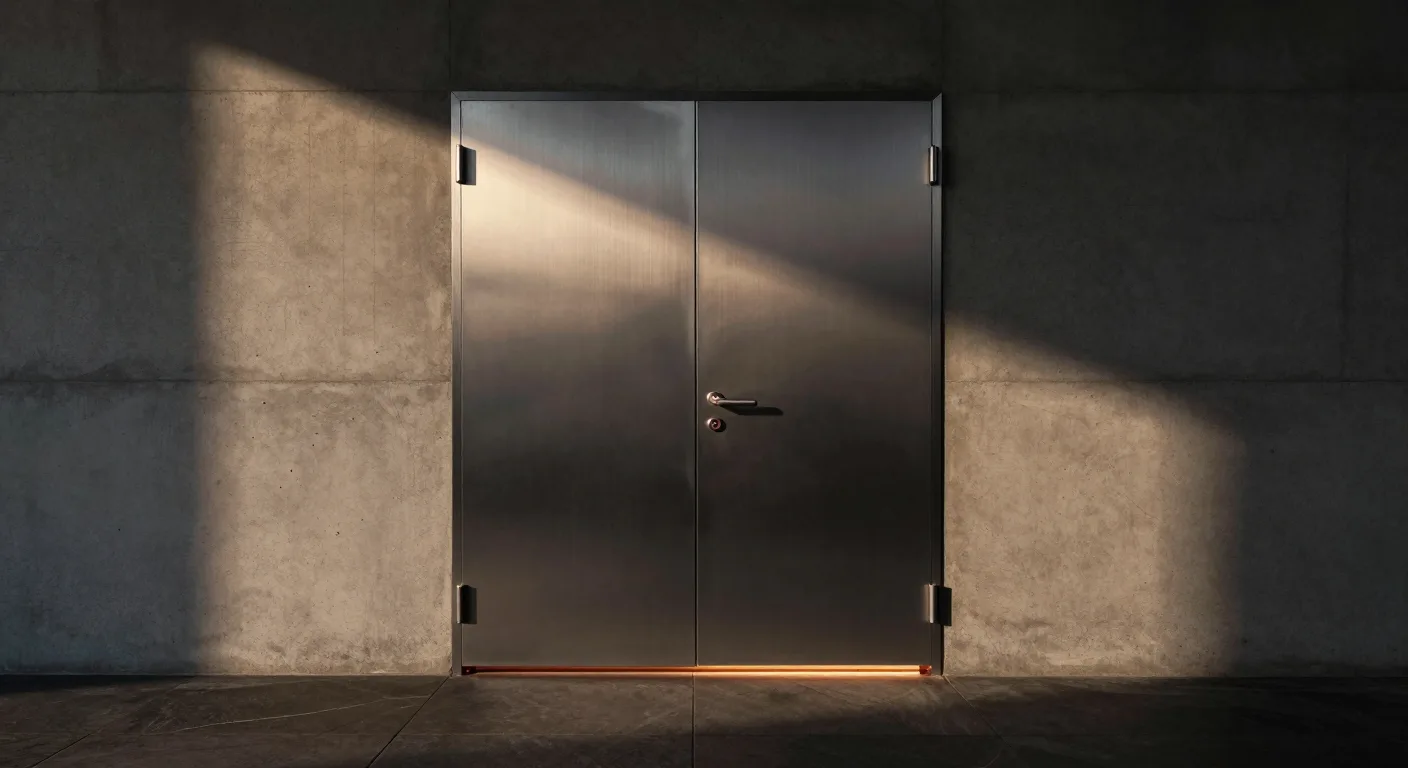 A heavy double steel door closed in a concrete wall, a thin line of warm light running along the floor at its foot.