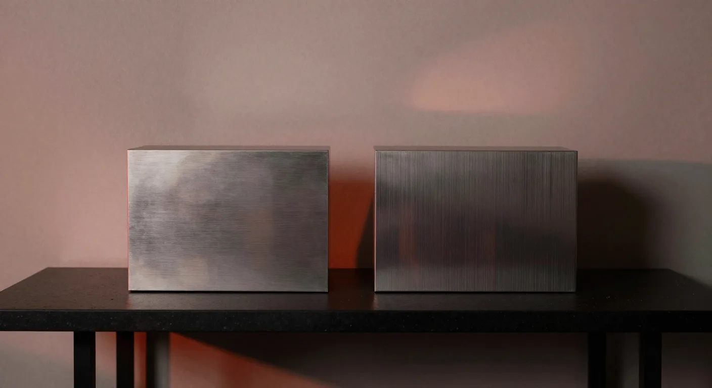 Two brushed-metal boxes standing side by side on a dark bench under warm light.