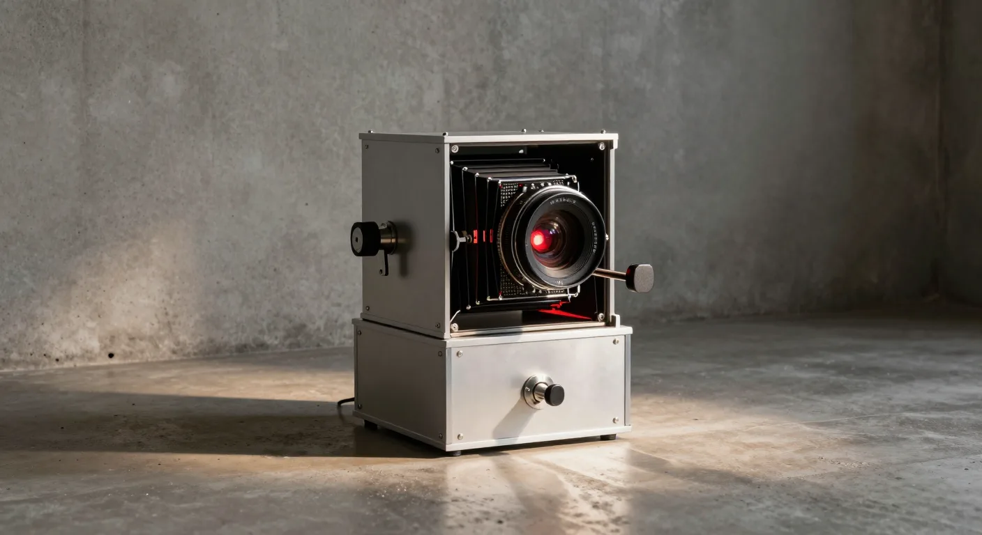 A large-format bellows camera on a pale base in a concrete room, its lens forward and a red glow within the bellows.