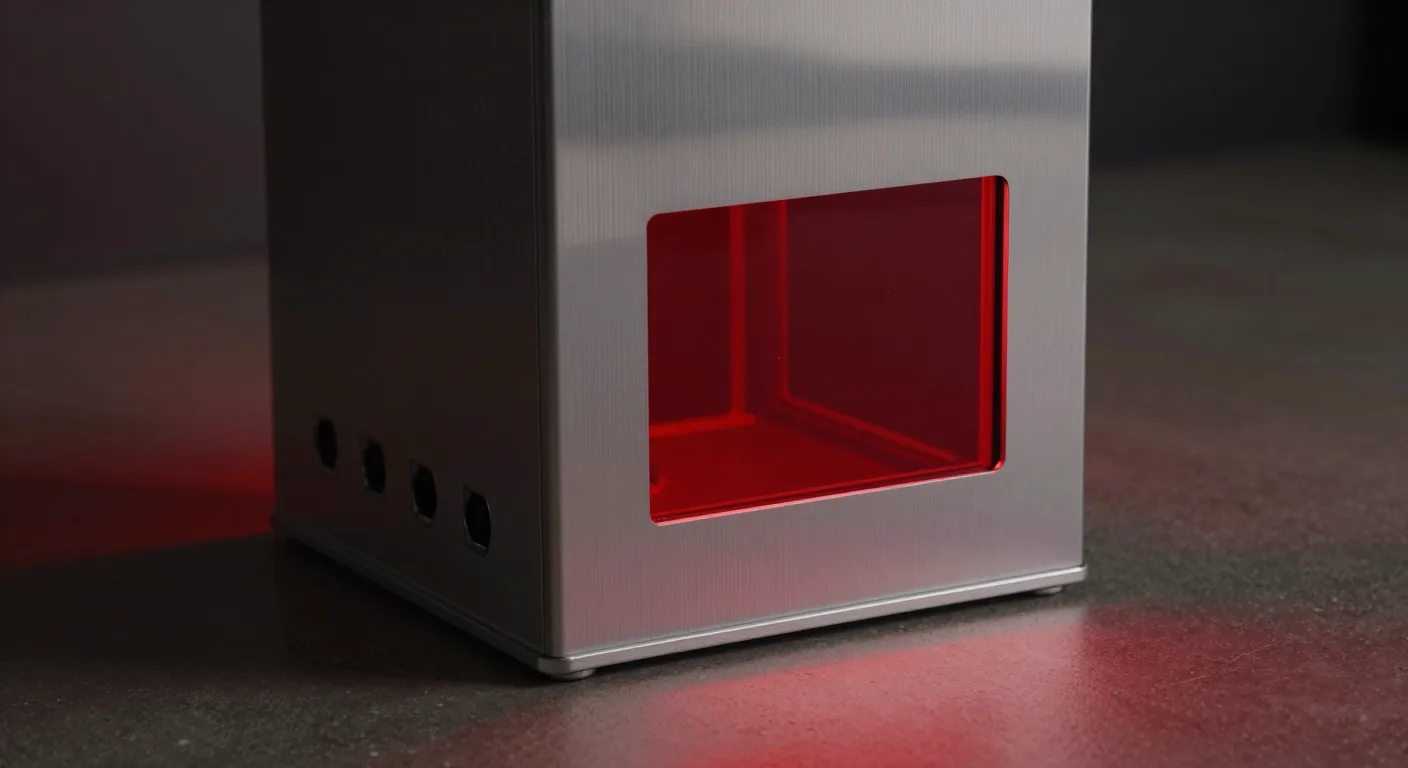 Close detail of a brushed-metal box: a red-tinted window glowing in its front face and a row of four small round openings in the side panel.
