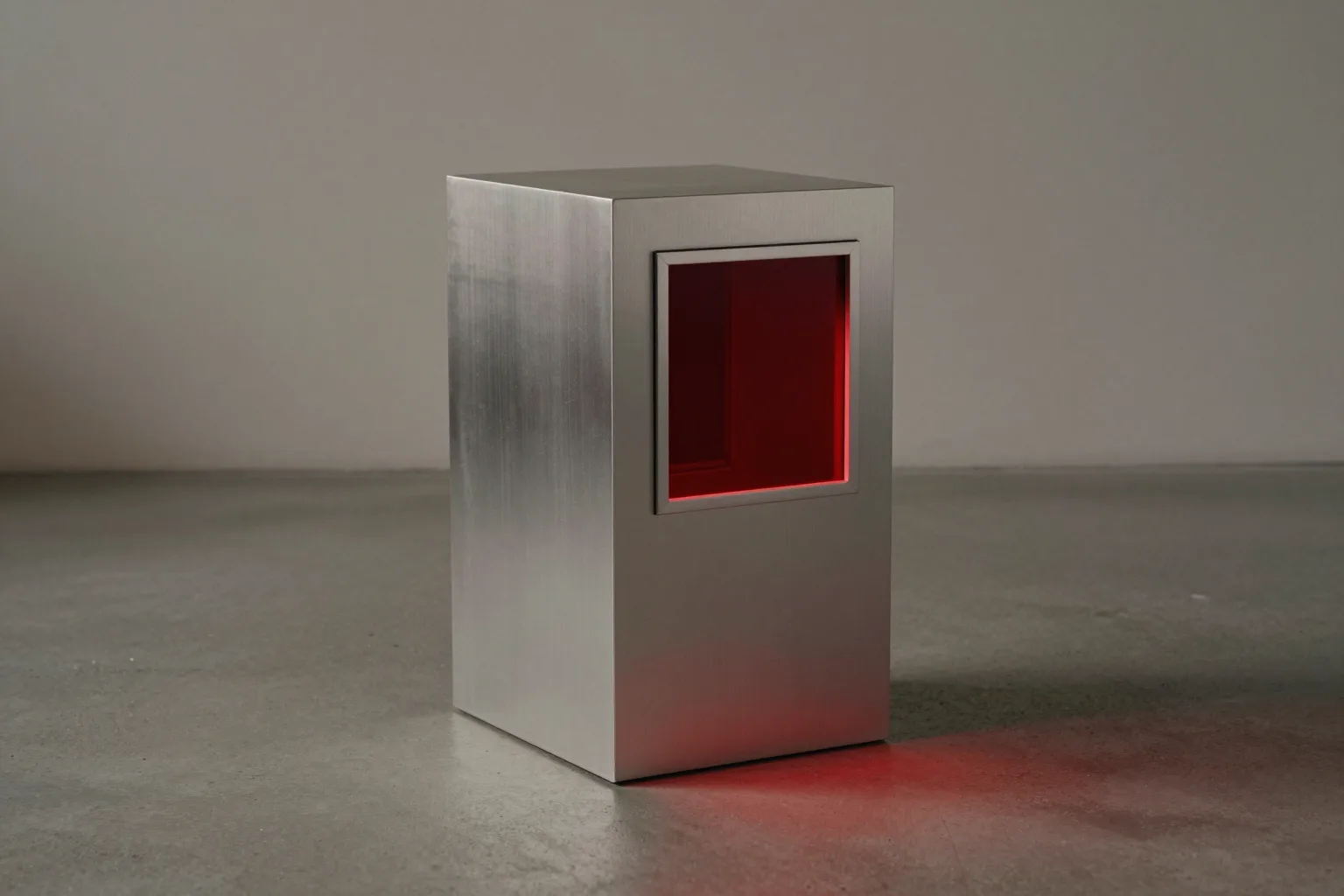 A single brushed-metal tower standing on a bare concrete floor, a framed red-tinted window set into its front face.