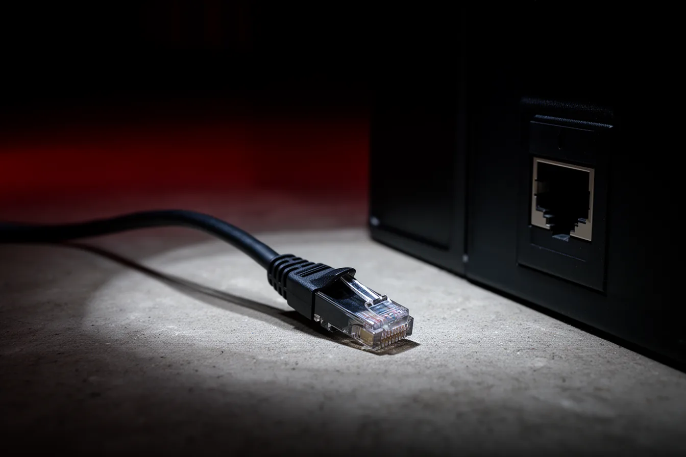 A network plug resting on a concrete floor in front of a dark panel, the matching socket set into the panel just above it.
