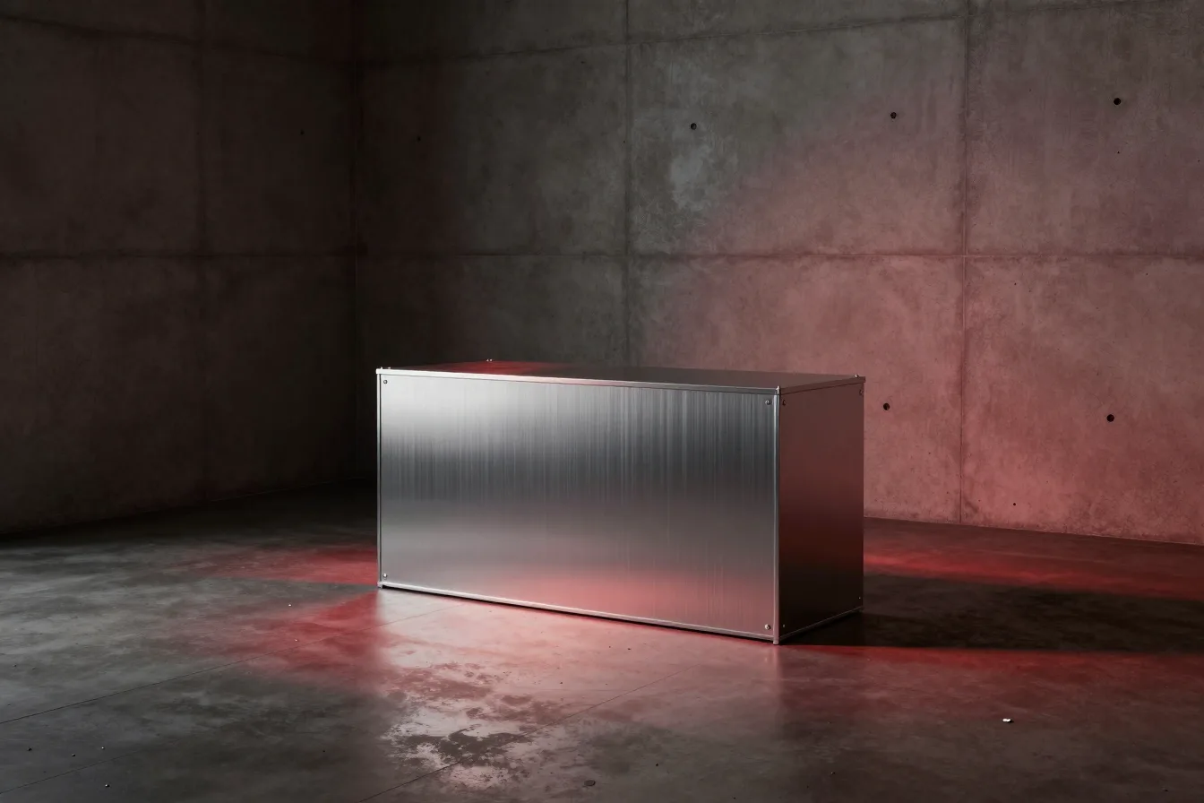 A long brushed-metal cabinet standing alone on the concrete floor of a bare room, red light spilling around it.